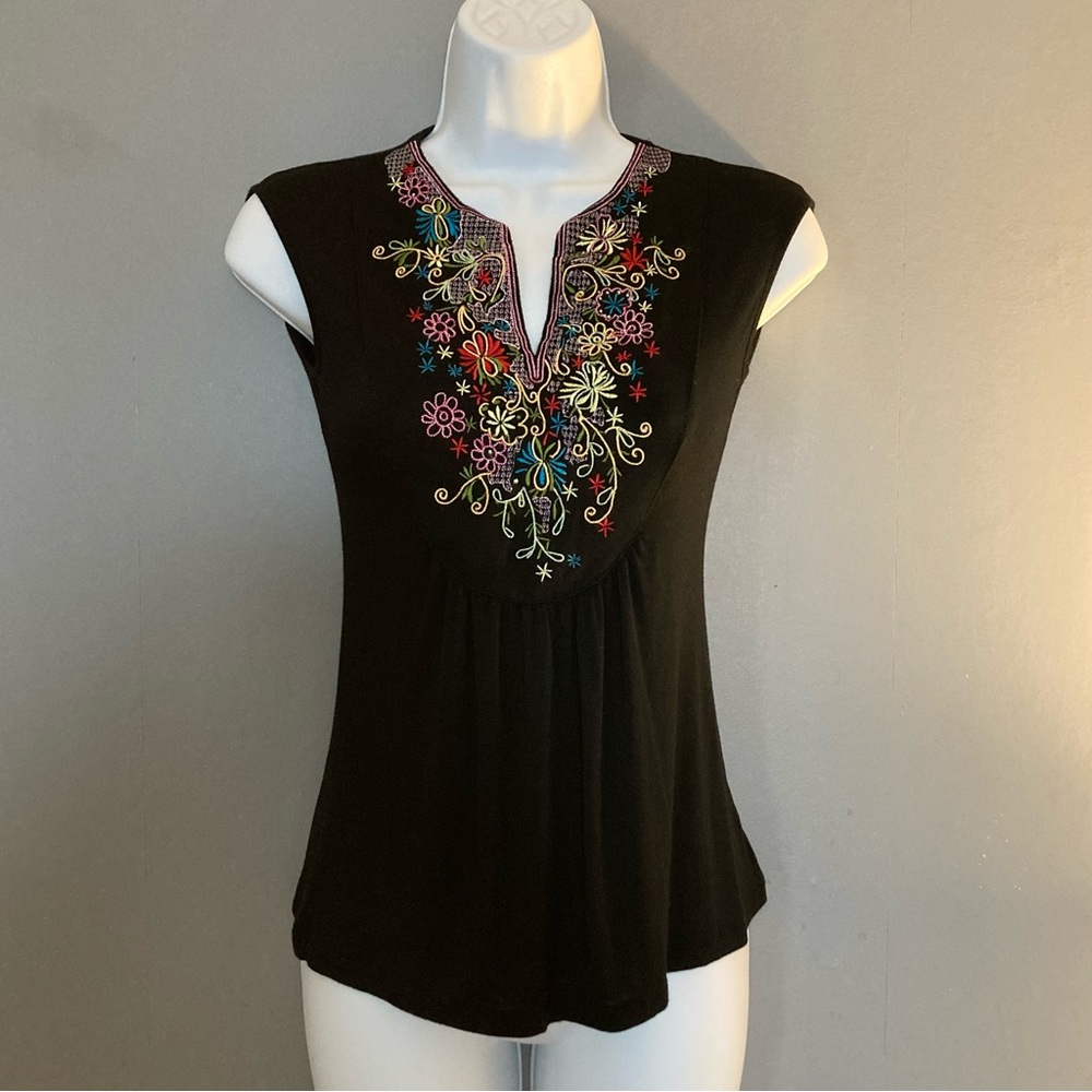 Design History Black Top with Multicolor Embroidery